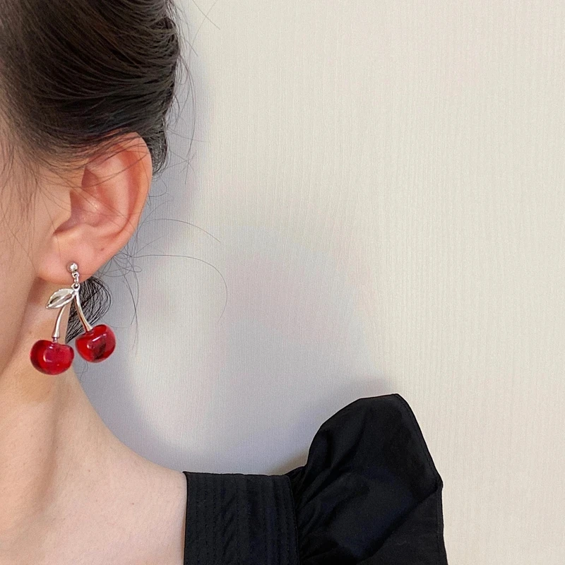 Boucles D'oreilles Fantaisie Cerises Rouges – Acrylique – Style Rétro Pinup, Neuves