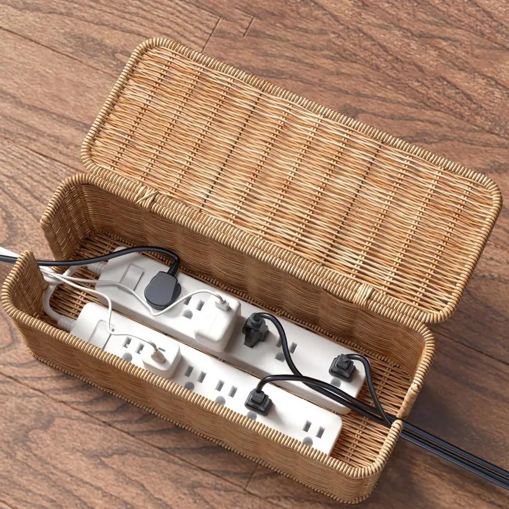 Storage Basket Rattan Wire Cable Organizer Handwoven Rattan Cable Management Box with 2 Slots for Power Cords Hidden Box Basket 3