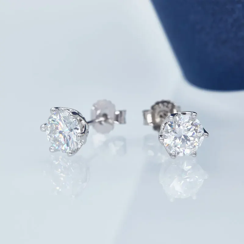 Round Cut 2 Carats Moissanite Earrings For Women Solid 925 Sterling Silver Stud Earring Six Claws Classic Fine Jewelry Gift