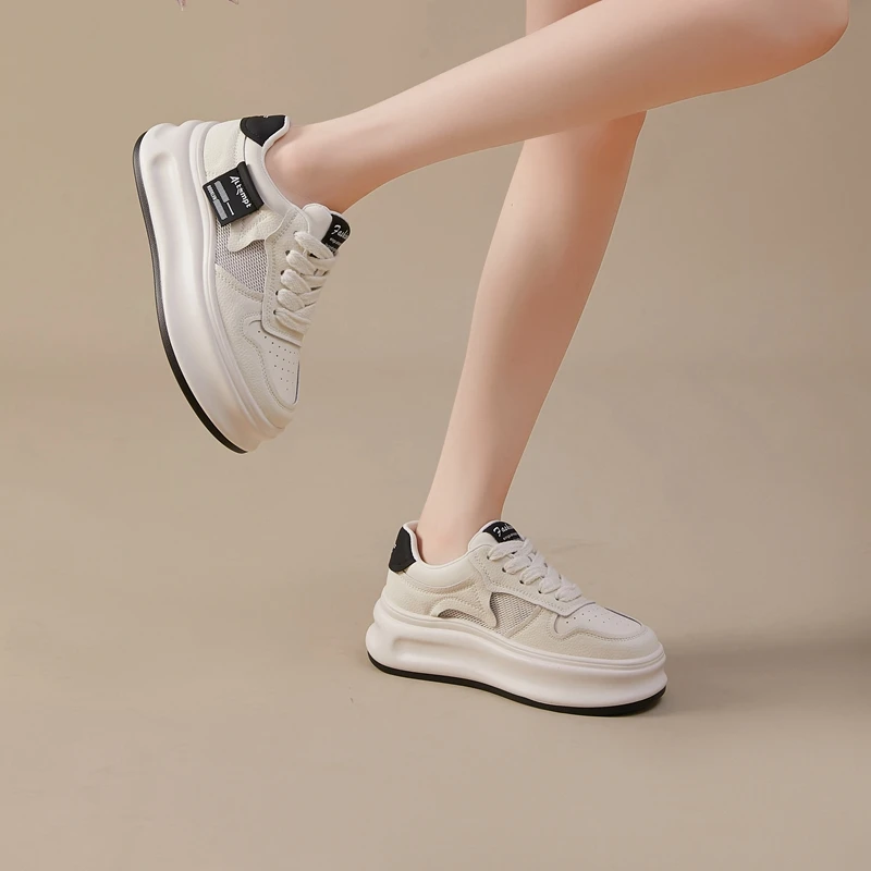 Autuspin 5cm Summer Women's Skateboarding Shoes Students Round Toe Fashion Ladies Sneakers Breathable Mesh Leather Chunky Shoes