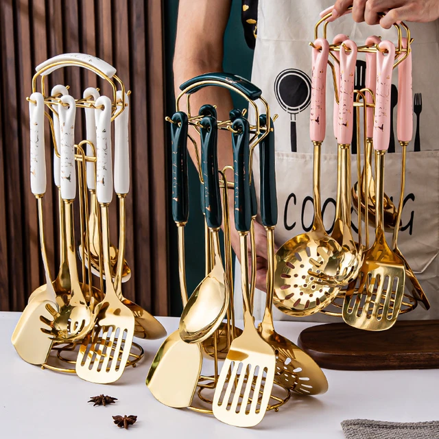 Gold Cooking Utensils Set, Stainless Steel 7 Pieces Kitchen Utensils Set,with  Utensil Holder, Dishwasher Safe, Easy To Clean - Cooking Tool Sets -  AliExpress