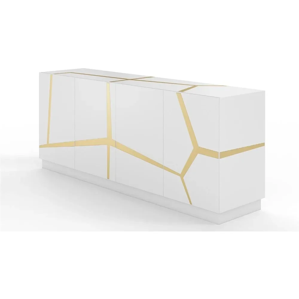 Reception Desks, 78.8" Wide Modern Staton Buffet Glossy White Lacquer with Champagne Gold Embellishments, Desks 3