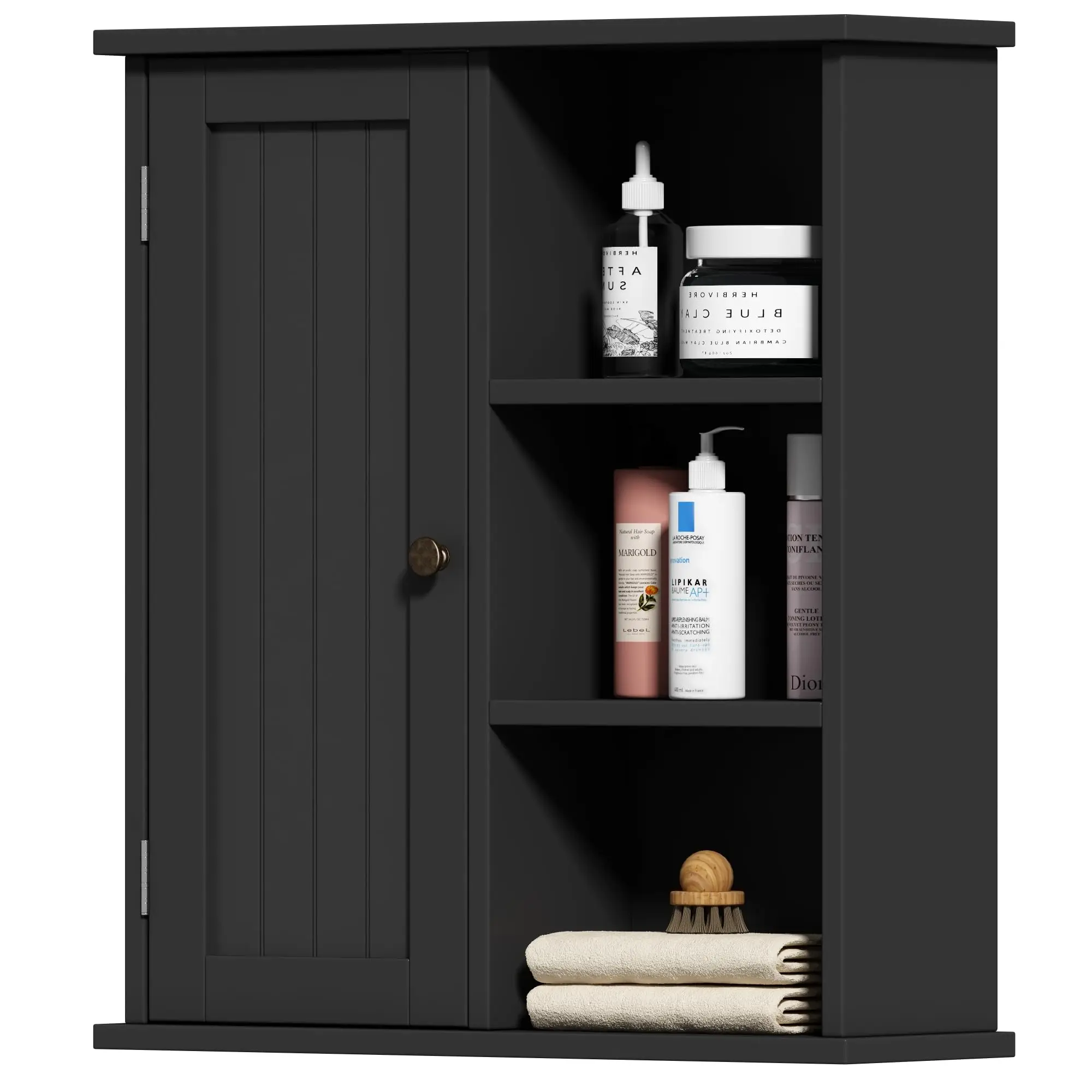 

Bathroom Wall Cabinet - Medicine Cabinet with Door and 3 Open Shelves, Wall Mounted, Black, 6.3"D x 21.5"W x 24.02"H