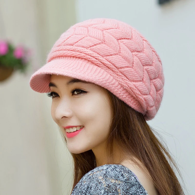 Women's Hats Winter Warm Knitted Hat Rabbit Hair Double Layer Plus Velvet Cap Visor Beanies For Women Casual - 3