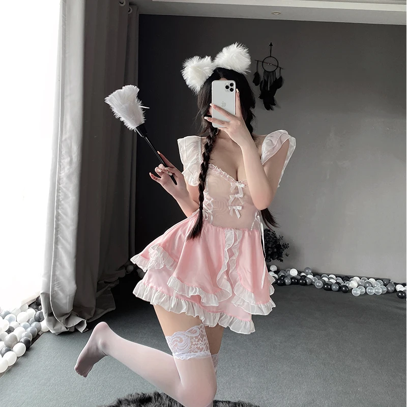 

SENMHS Sweet Cute Pink Lolita Lace Dress Sexy Maid Outfit Halloween Cosplay Costume Women French Servant Uniform Suit