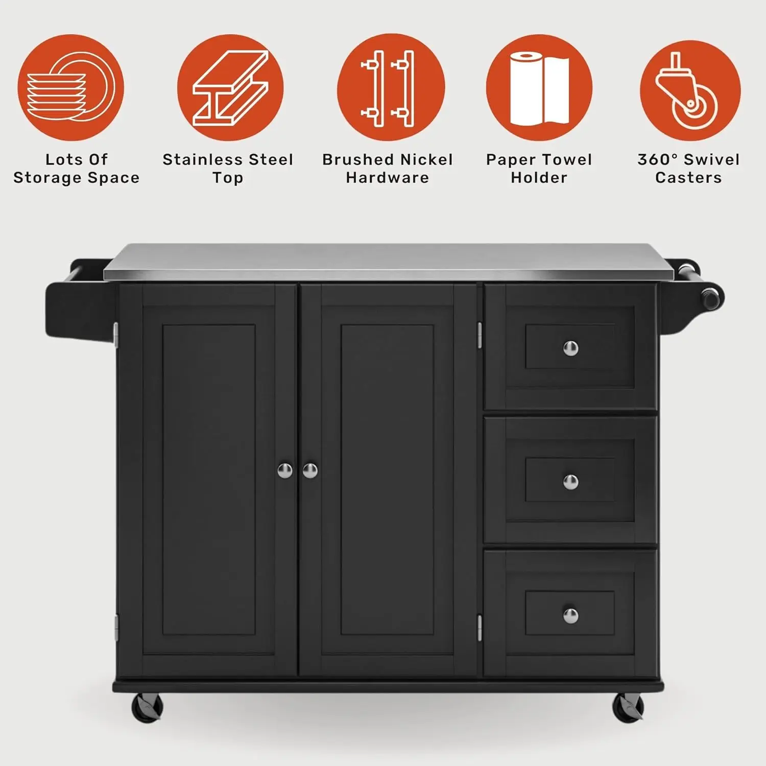 Cart with Stainless Steel Metal Top, Rolling Mobile Kitchen Island with Storage and Towel Rack, 54 Inch Width