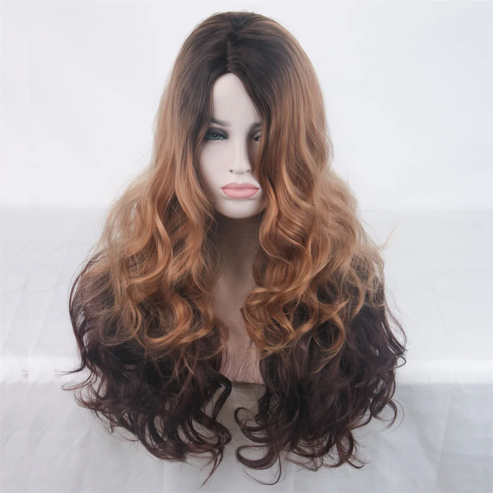 

Gradient synthetic fiber wig headband long curly hair golden brown large wavy split women's style