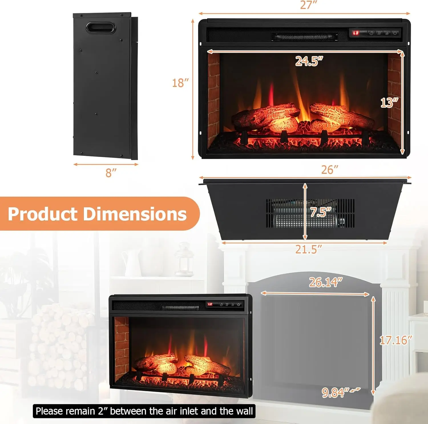 Electric Fireplace Insert 26-inch Wide 1400W Recessed and Freestanding Fireplace Heater with Remote Control 3-Level Flame 5