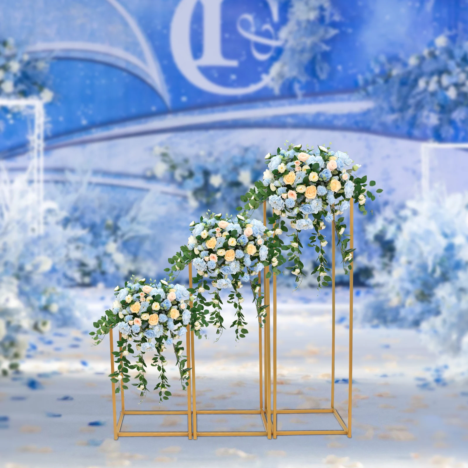

3PCS Geometric Shape Flower Balloon Rack Metal Golden Rectangular Steel Pipe For Wedding Party DLY Decor Frame