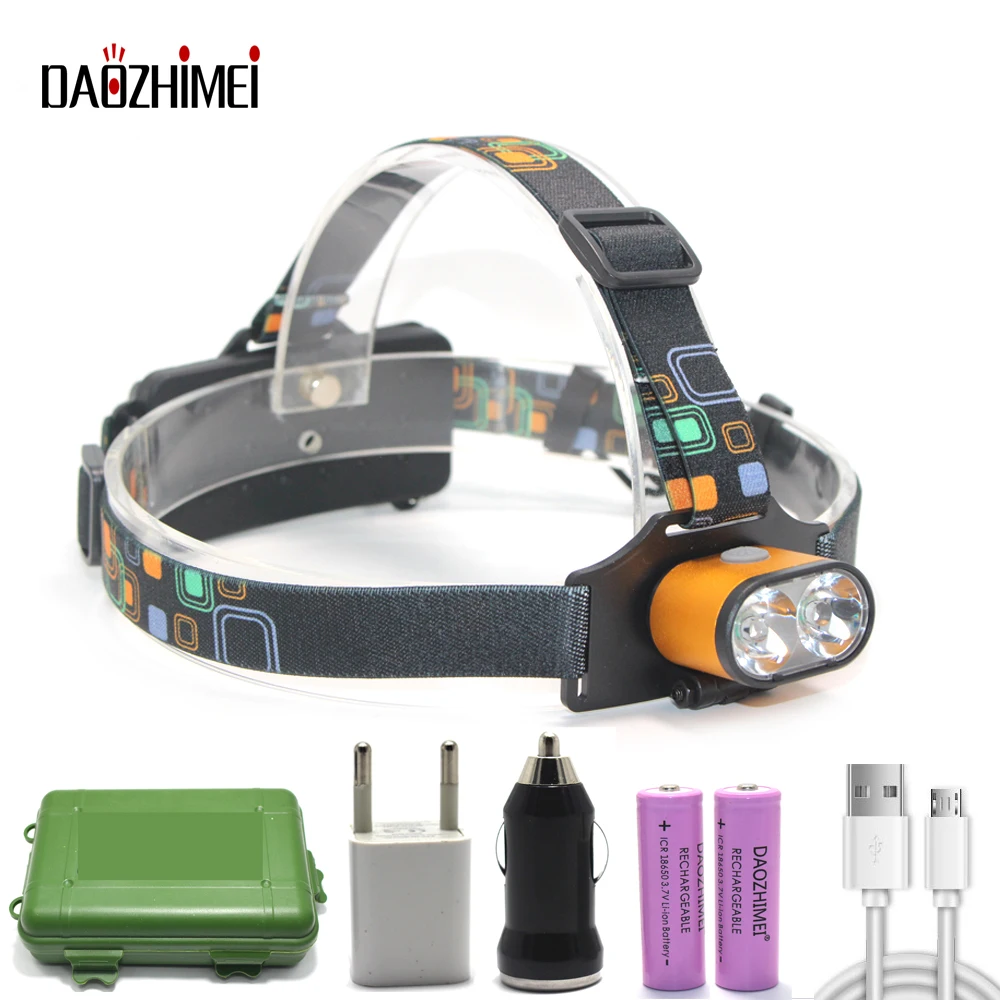 

18650 USB headlights 8000 lumens 2* XM-L2 T6 Rechargeable LED Powerful Focus Head Light 3 Modes headlights flashlight Head Lamp