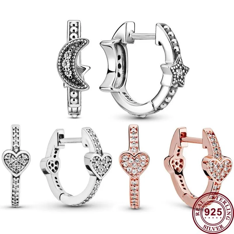 

New Hot 925 Sterling Silver Exquisite Stars Moon Charming Heart-shaped Women Pan Earrings Wedding Gifts High Quality Jewelry