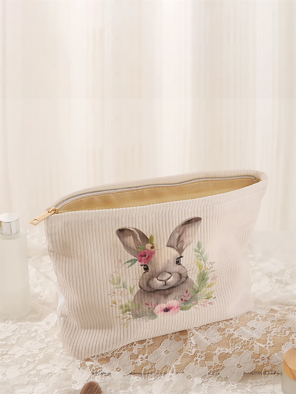 1 rabbit patterned corduroy makeup bag, lightweight zipper makeup storage box, multifunctional bag with lining