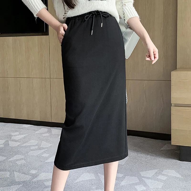 

Autumn Winter cotton Pencil Skirt Women Elastic High Waist Skirt Womens Slit Midi Skirts For Woman Bottoms Falda Larga Mujer