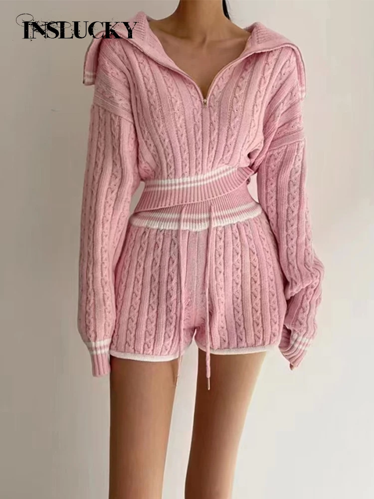 InsLucky-Two Piece Set for Women,Twist Knitting patchwork Suits,Casual Turndown Zipper Sweater Top Matching Elastic Waist Shorts