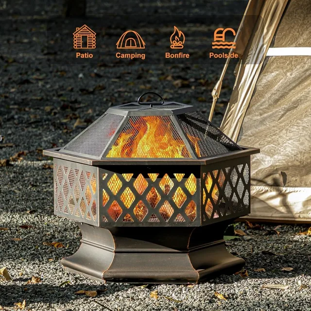 28-Inch Hexagon-Shaped Outdoor Wood-Burning Fire Pit for Backyard Patio Camping and Outdoor Bonfire Use in Antique Bronze Finis 3