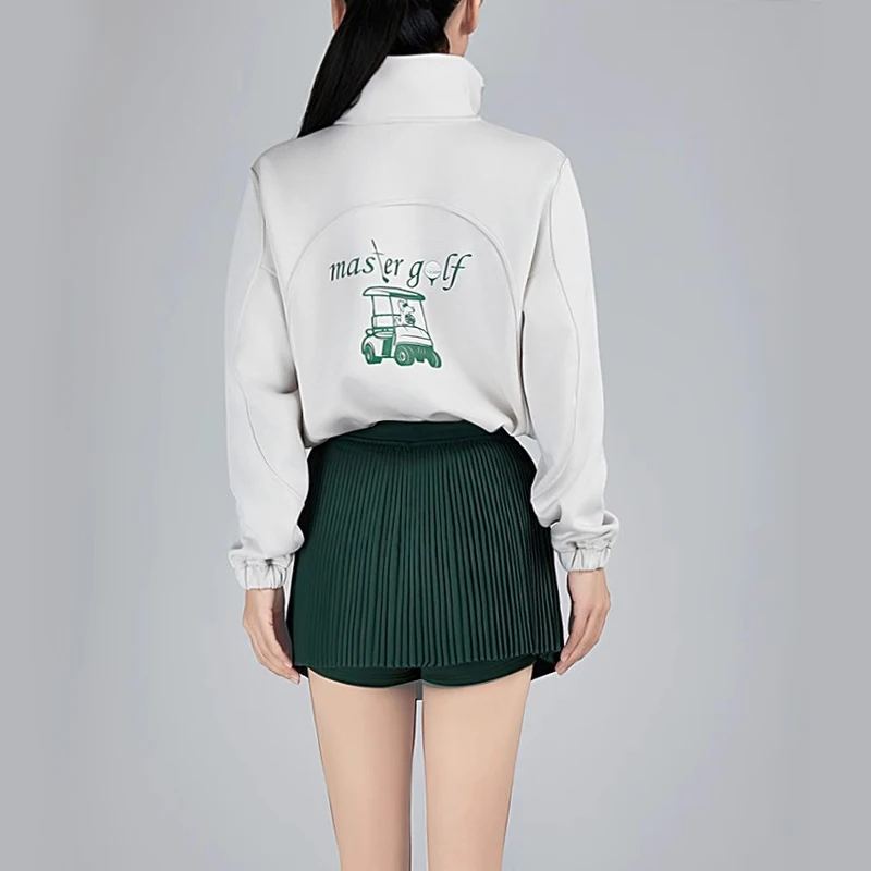MG golf autumn and winter new jacket thick long sleeve stand collar coat women sports top green pleated skort shorts pants