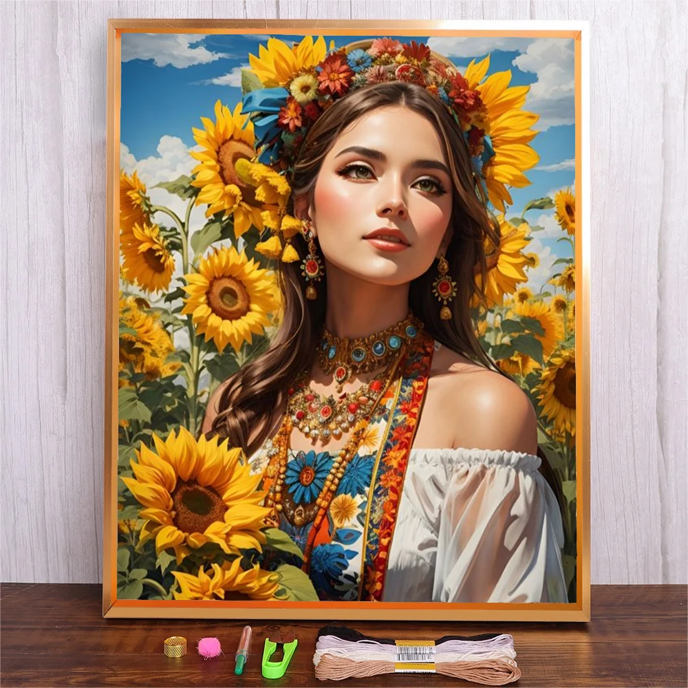 Cross Stitch Kit Sunflower Girl Counted Cross Stitch DIY Hand Cotton Thread Embroidery 14CT/11CT White Cloth Canvas Printed Needlework Sewing Kit