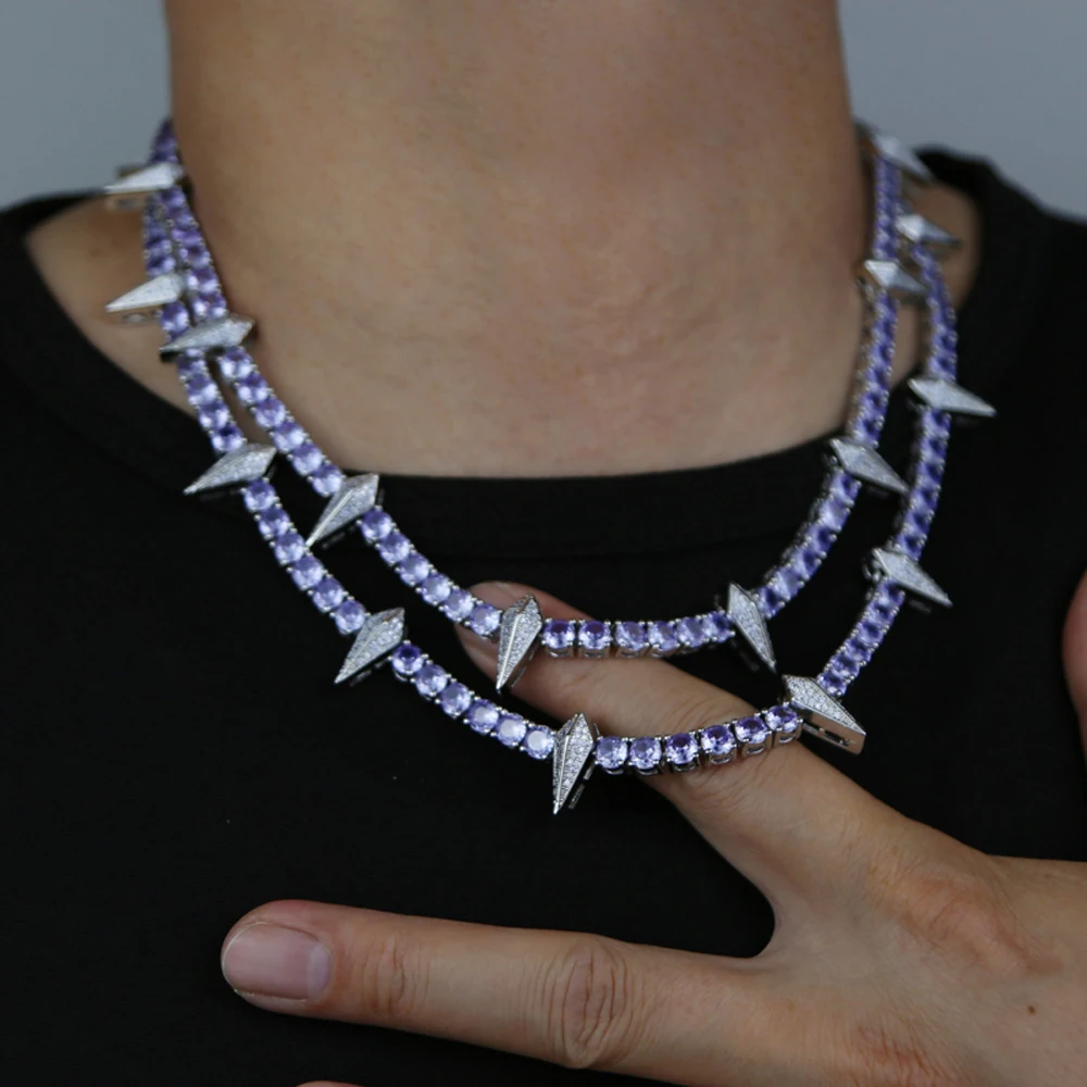 New Iced Out Bling Spike Rivet Pendant Necklace 5mm Tennis Chain Cubic Zircon Black Panther Charm Hip Hop Men Women Jewelry