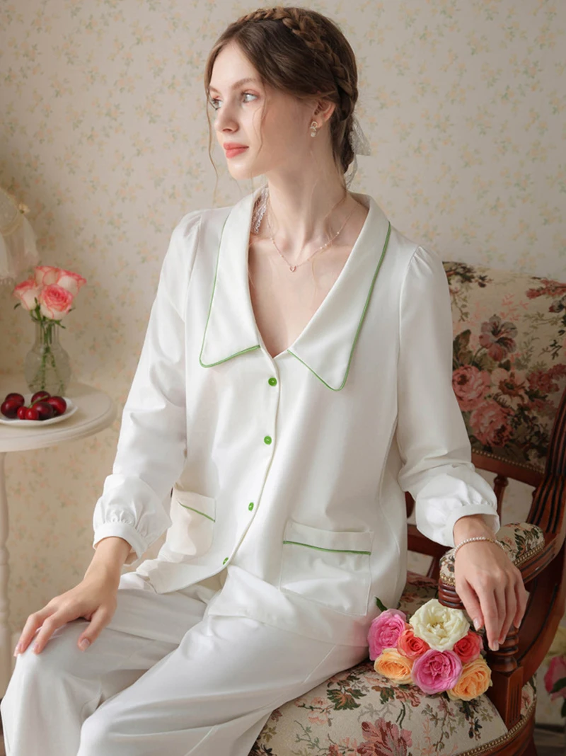 

Women Pure Cotton Pajamas French Court Original Night Loungewear Long Sleeve Shirt Trousers Two-piece Suit Vintage Sleepwear