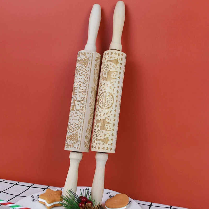 Description Picture 4 of itemChristmas Wooden Rolling Pins with 3D Engraved Christmas Snowflake Embossed Cookie Dough Kitchen Baking Tool Christmas Supplies
