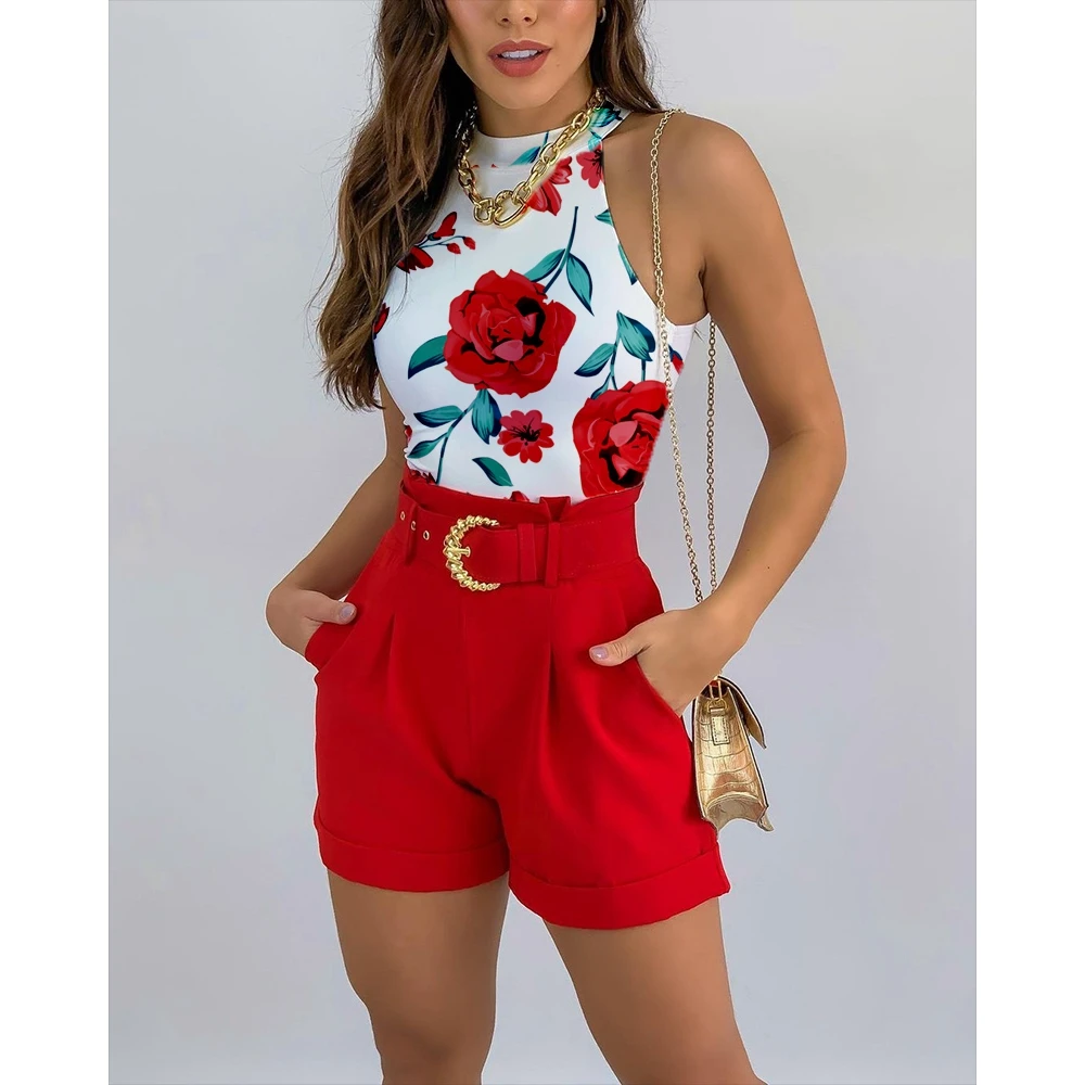 Summer Casual Women Floral Print Basic Sleeveless Tank Top & Shorts Sets With Belt Female Cami Top Sets Daily Vacation Outfits