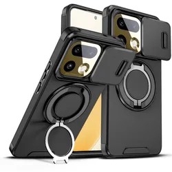 Shockproof Hybrid Magnetic Stand Phone Case with Slide Lens Camera Armor Protective Cover for Realme 16 Pro+ (Black)