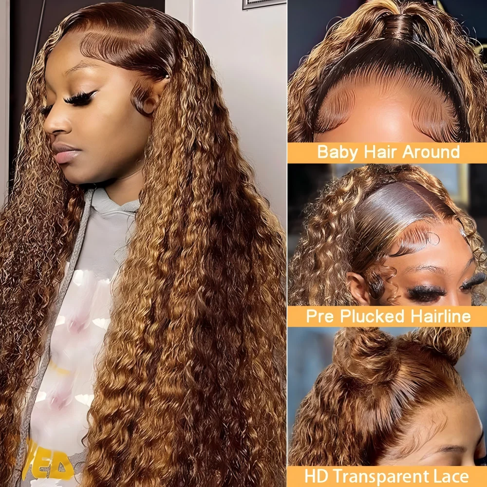 Highlight Deep Wave Lace Front Wig Human Hair 200% Density 13x4 HD Lace Frontal Wig Colored Ombre Honey Blonde for Women 2