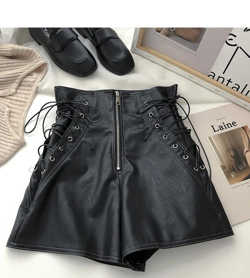 old navy shorts Women's New Korean Design Zipper Drawstring High Waist Pu Leather Shorts Black White Brown winter dresses for women