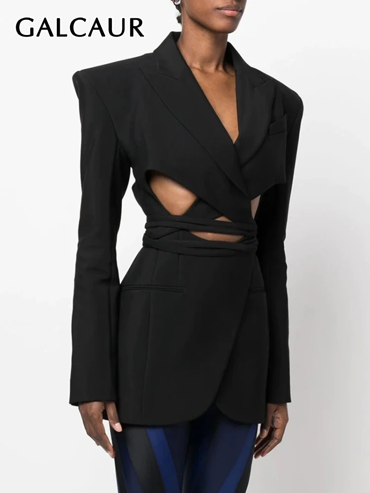 

GALCAUR Solid Hollow Out Blazers For Women Notched Collar Long Sleeve Patchwork Lace Up Backless Slimming Blazer Female 2023 New