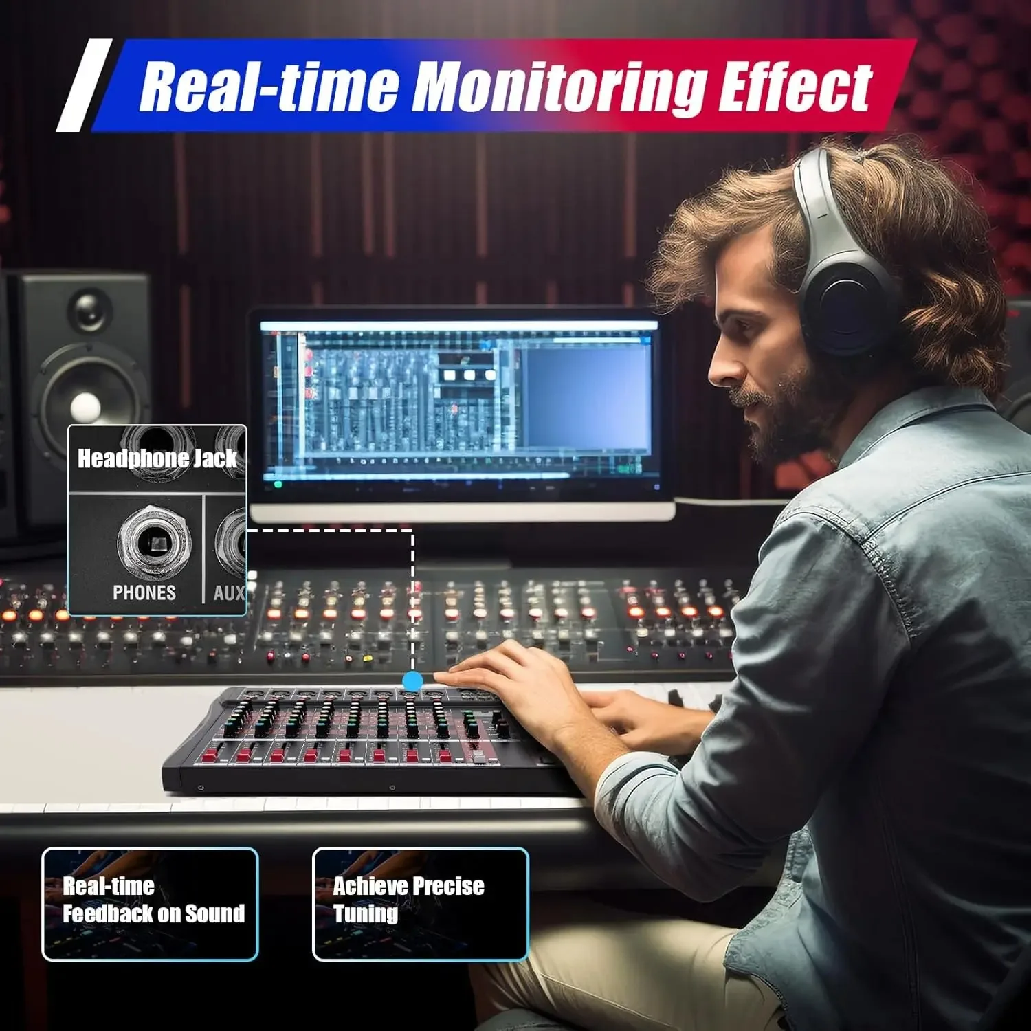8 Channel Audio Mixer, Bluetooth USB Live Studio GDAE10 DJ Professional Mixing Console Power Amplifier Sound Board Desk System 6