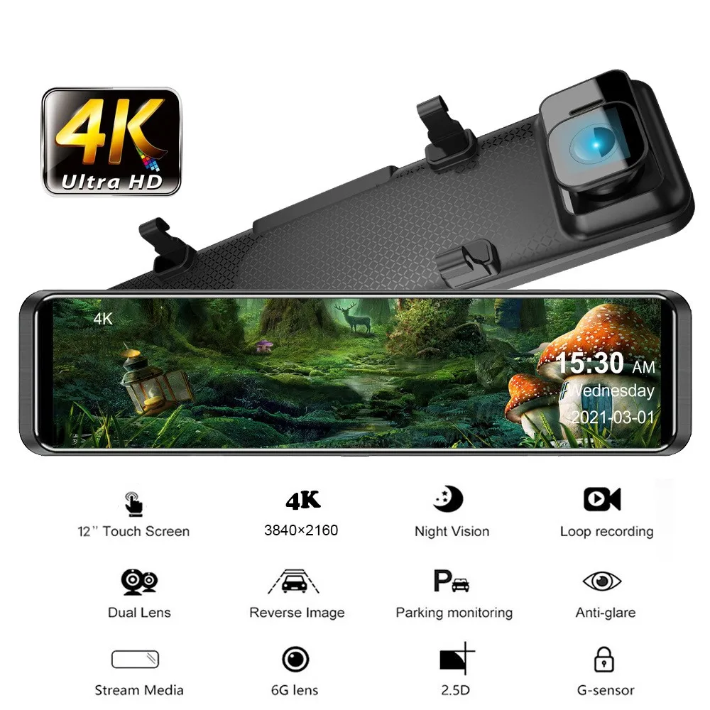 Specchio Dvr Black Box Car Dvr Mirror Retrovisore 4K + 1080P Wifi Gps Videoregistratore Per Auto Specchietto Retrovisore Per Auto 2-In-1 Dash Cam 12 P