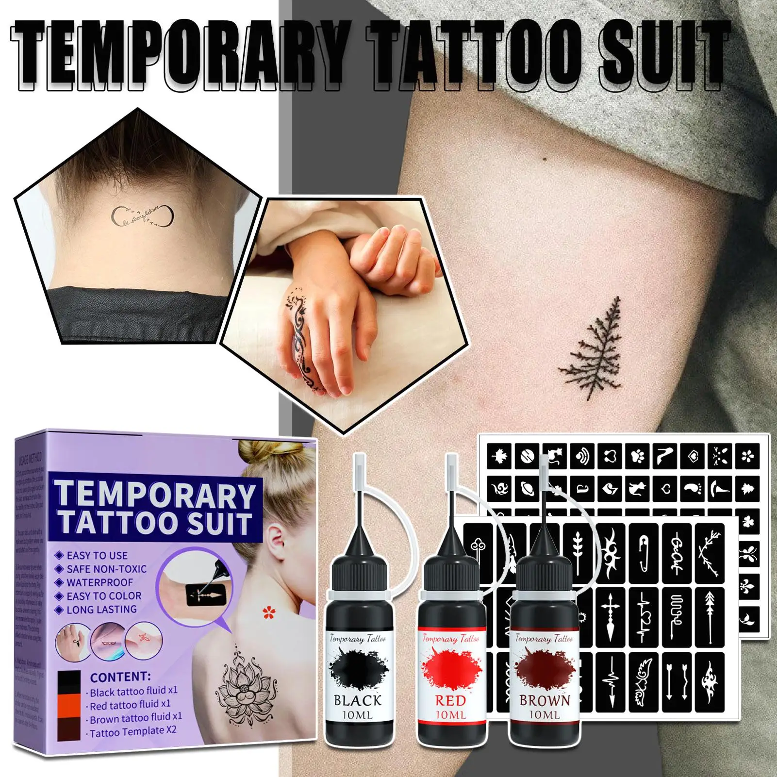 3pcs Tattoo Ink Stencil Kit-3 Colors, Waterproof & Long Lasting DIY Tattoo Set