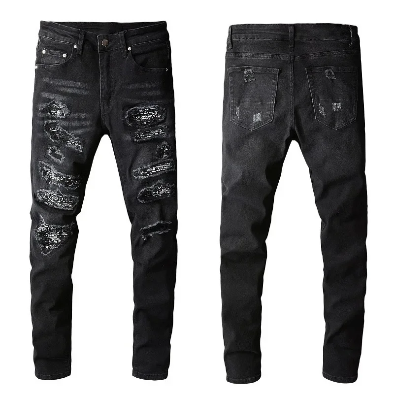 European and American High Street Black Casual Jeans, New Style Men's Hand-Scratched and Multi-Patch Fashion Street Jeans 2