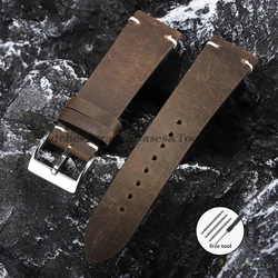 Vintage Brown Oil Wax Leather Watchband - Soft Handmade Cowhide Strap with Elegant Stitching - 22mm (Dark Brown)