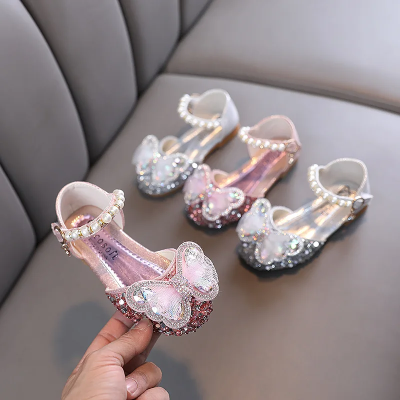

Girl Dress Shoes Bowknot Mary Janes Fashion Versatile Baby Children Sandals Breathable Non-slip Kids Wedding Party Glitter Flats