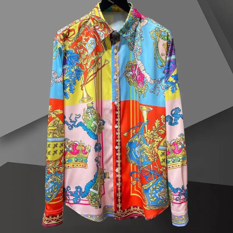 

2023 Personalized Retro Printed Shirt For Men Spliced Color Baroque Luxury Shirt Fashion Long Sleeve Hip Hop Party Stagewear