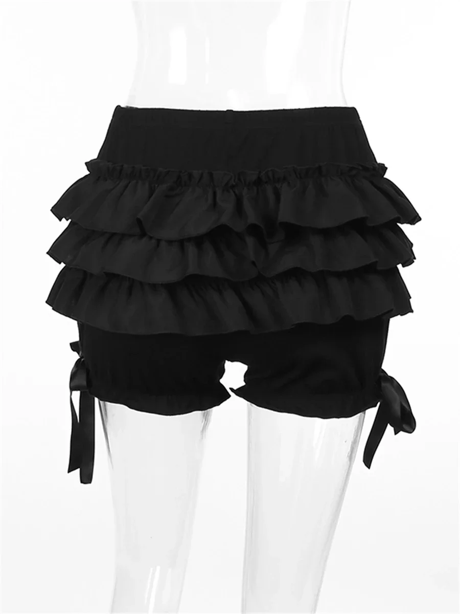 New Gothic Black Bloomer Shorts Women's Summer Elastic Waist Ruffle Layered Shorts Harajuku Streetwear High Waist Bottoms