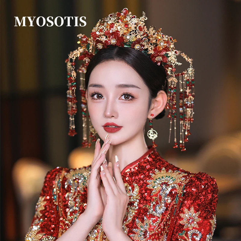 

Chinese Style Wedding Phoenix Hair Crown Women Luxury Red Green Flower Bride Headpiece