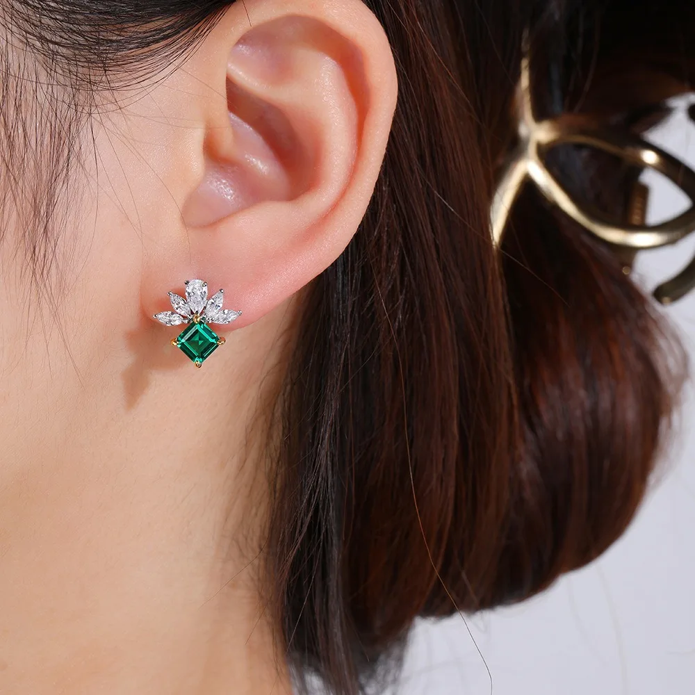 

High Quality 925 Sterling Silver Emerald Square Horse Eye Stone Studs Earrings For Women Luxury Fine Jewelry
