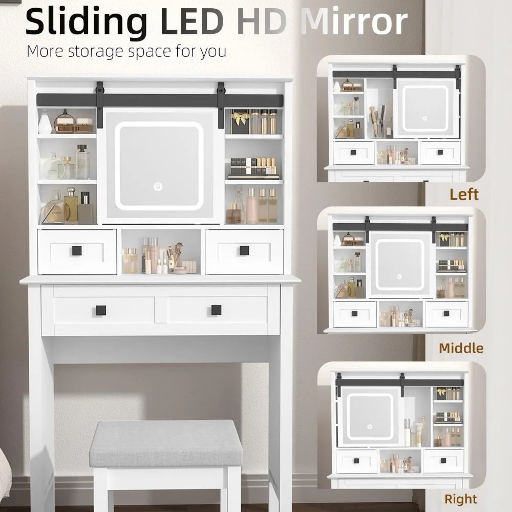Farmhouse Makeup Vanity Desk with Sliding Mirror, Vanity Set with Stool & Charging Station & 3 Brightness Lights, Ample Storage, 4