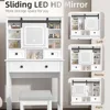 Farmhouse Makeup Vanity Desk with Sliding Mirror, Vanity Set with Stool & Charging Station & 3 Brightness Lights, Ample Storage, 4