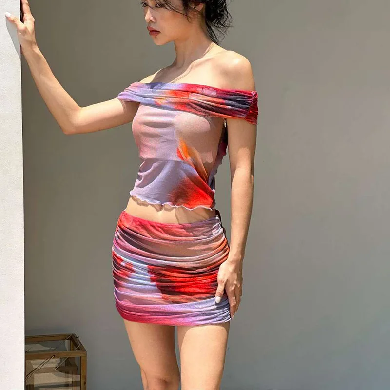 Style Summer New Women's Clothing Fashion Printed off-the-Shoulder CollarTT-shirt Slim-Fit Sheath Skirt Suit WomenCok