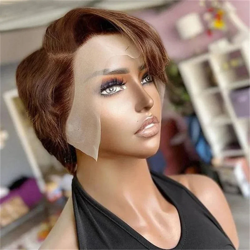 #4 Brown Straight Pixie Cut Wig 13x4 Transparent Lace Frontal Human Hair Wigs Short Bob Wig Brazilian Side Part Wigs For Women