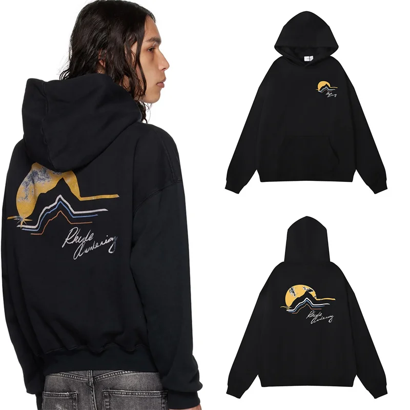 

Heavyweight Rhude Hoodie High Quality Black Print Alpine Sunset Terry Mens Womens Loose Casual Pullover Sweatshirt