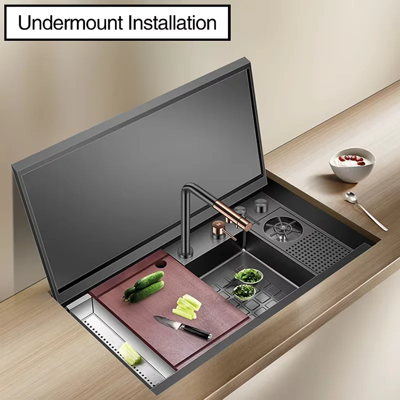 8850 Hidden Cup Rinser Kitchen Sinks Nanometer Flip Cover Large Size 304 Stainless Steel 4mm Thickness Stepped kitchen Sinks