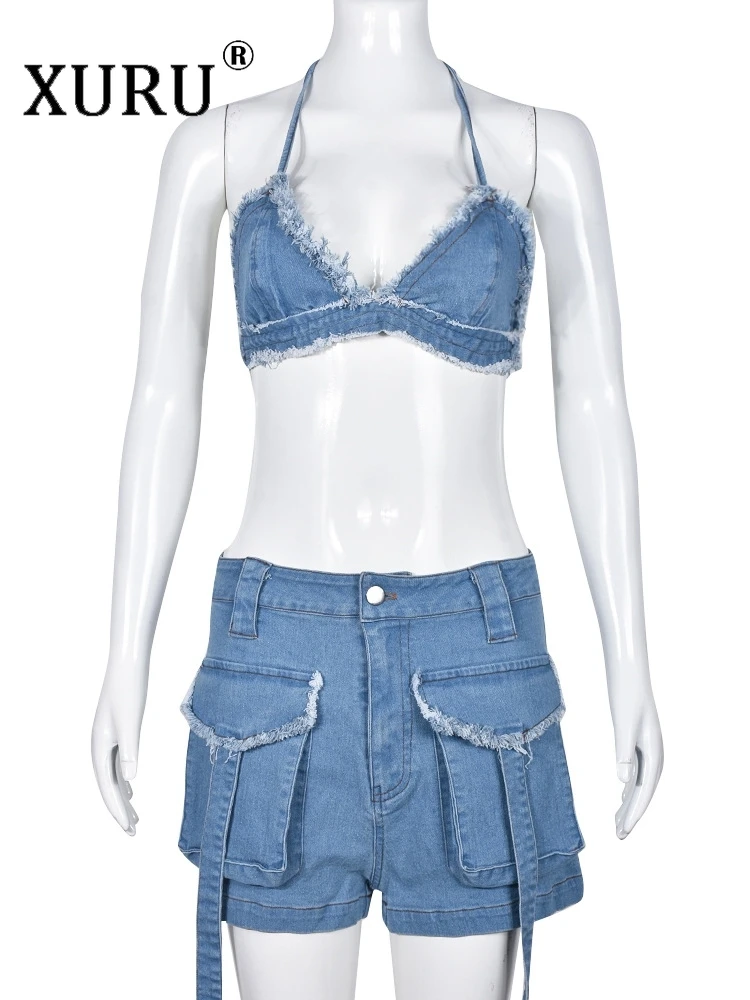 XURU-Sexy Denim Two-Piece Set for Women, Tassle Crop Top and Jeans Shorts, Y2k Streetwear, Summer Outfits, 2024