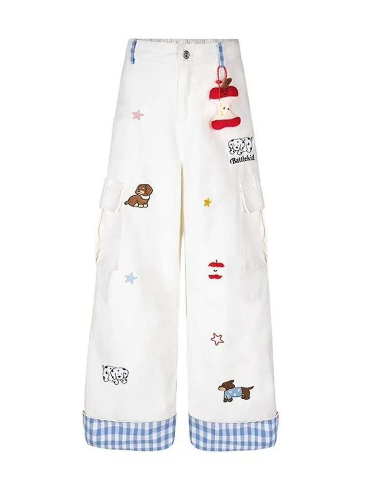 Y2K Puppy Jeans High Waist Checkered Patchwork Work Pants American Retro Loose Fit Straight Leg Wide Leg