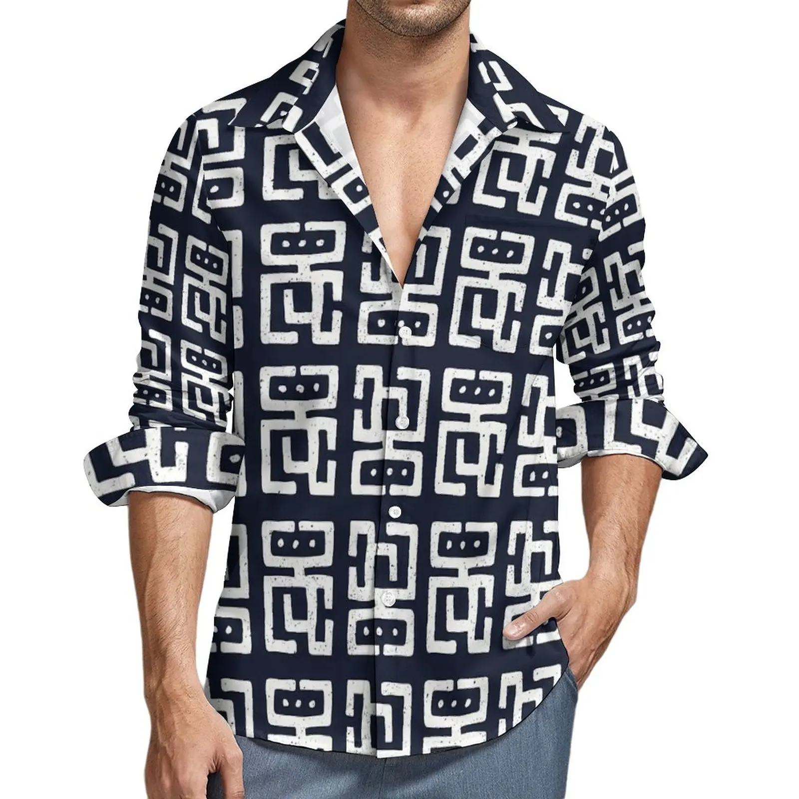 

Tribal Print Stylish Casual Shirt Men Black And White Shirt Autumn Retro Blouses Long Sleeve Custom Oversized Clothing