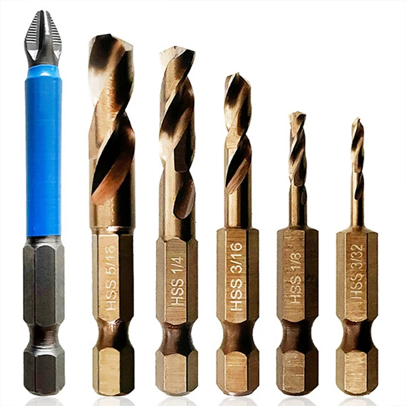 

6-Piece Drill Bit Set M35 Cobalt Stubby High Speed Steel For Stainless Steel & Hard Metals For Quick Chucks & Impact Drivers