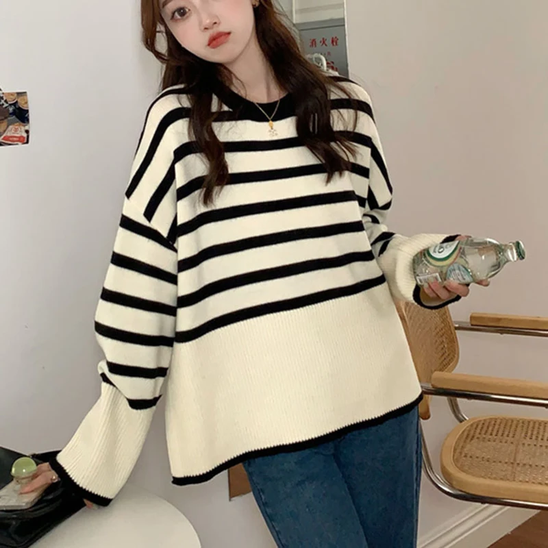 

Women Striped Loose Warm Sweater O-Neck Long Sleeve Thicken Knitted Pullovers Casual Sweater For Women 2023 Autumn Winter Cloths